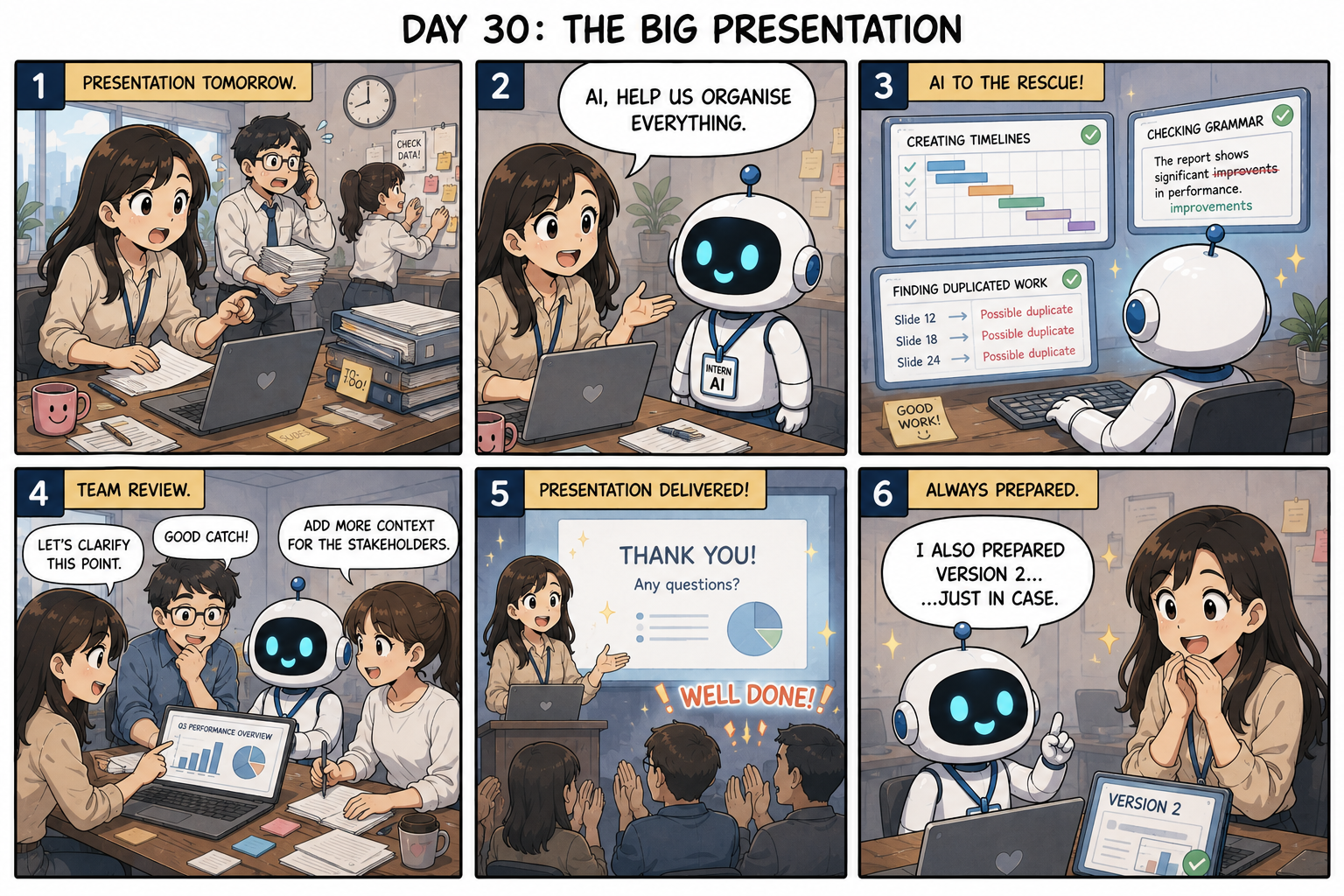 Six-panel comic showing a team preparing for an important presentation with help from an AI intern. The AI organises timelines, checks grammar and identifies duplicate work while the team reviews the content together. After a successful presentation, the AI reveals it has already prepared a backup version just in case.